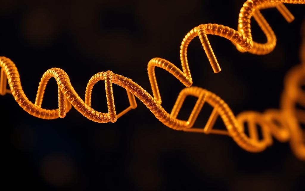 Golden tripeptide molecular helix glowing against deep navy background