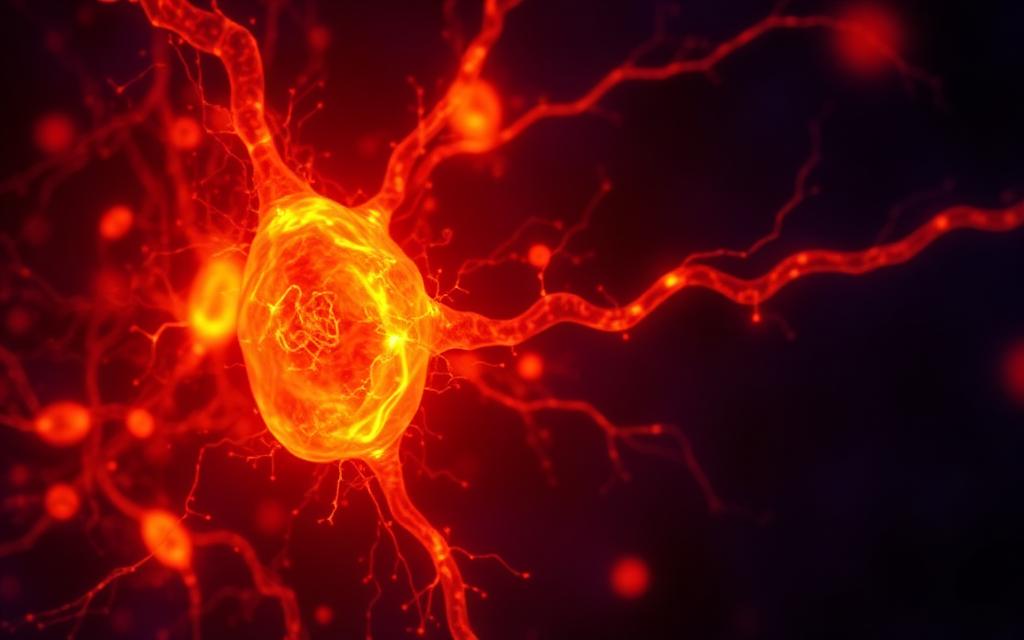 Glowing mitochondrion with branching cristae rendered in amber against dark background