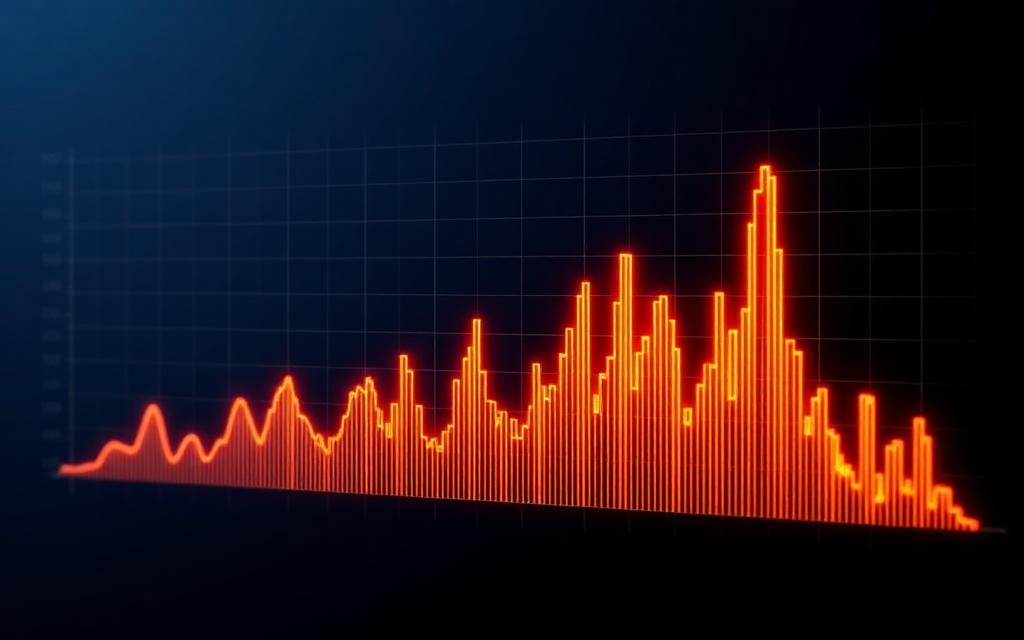 Sharp amber HPLC chromatography peaks against a dark navy data grid